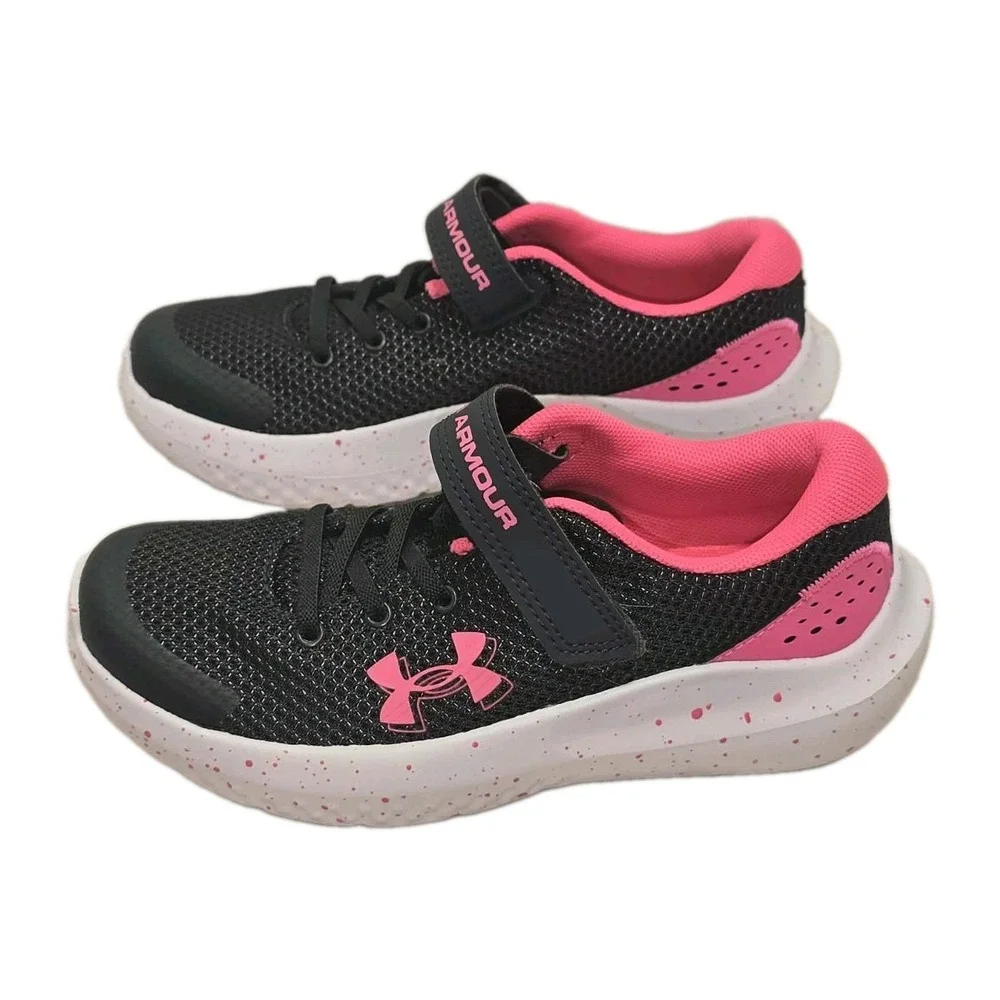 Under Armour Kids Running Shoes Black Pink Hook & Loop Sneakers Size 1Y EUC